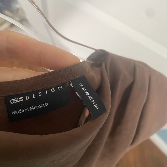 ASOS Design Cowl Neck Hitched Hem Cupro Mini Dress Brown Size 10 - Picture 7 of 13